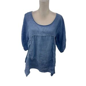 Relaxed Scoop Neck Linen Blouse in Dusty Blue